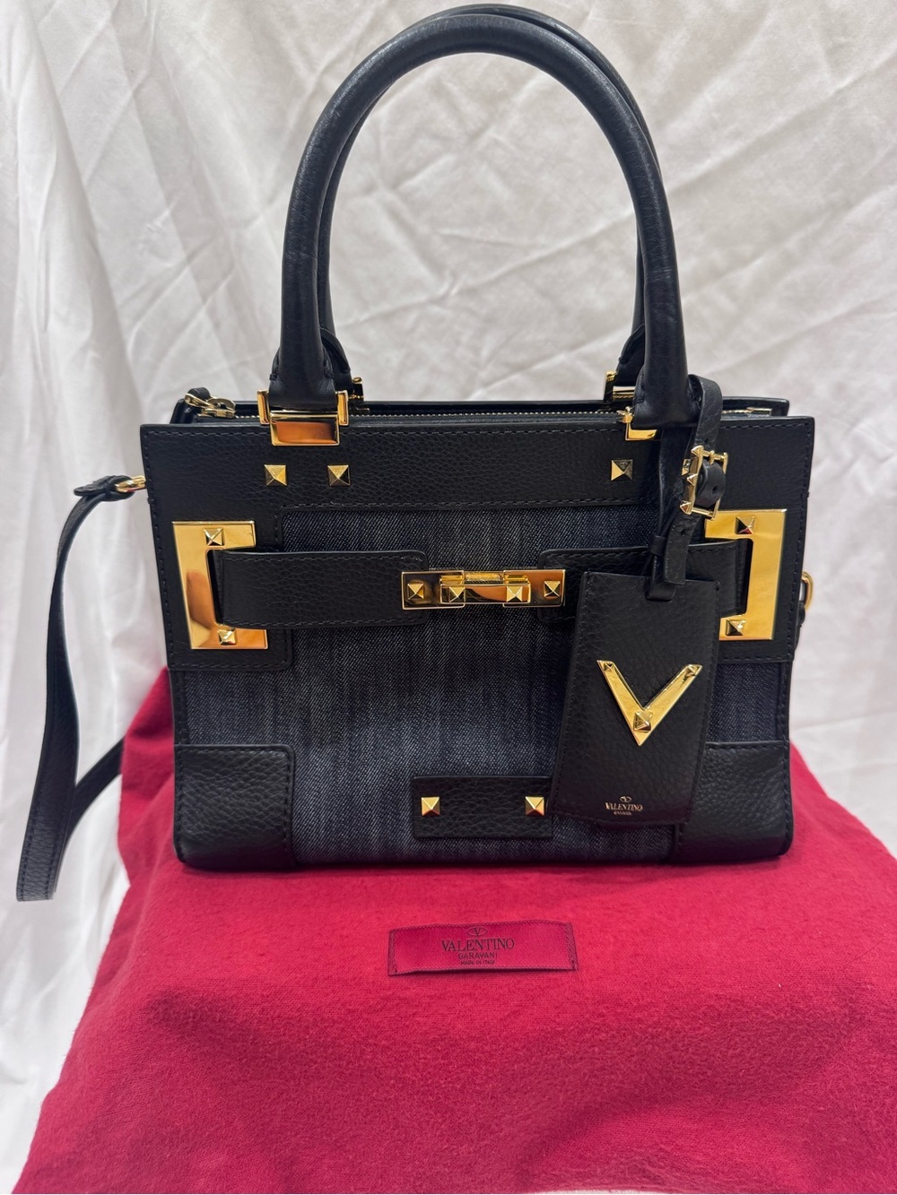 Valentino Garavani My Rockstud Denim Leather Satchel Gold Studs